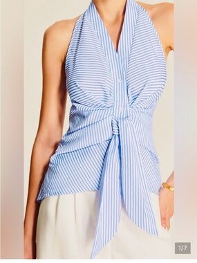 Commense Blue and White Striped Halter Tie-Front Camisole